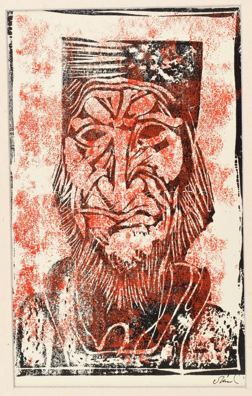 Szász Endre (1926-2003): Férfi fej. Színes linómetszet, papír, jelzett, paszpartuban. Paszpartu hátoldalán Hollóházi Szász Endre porcelán címkével. 18x11 cm