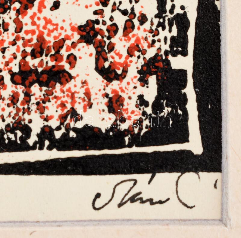 Szász Endre (1926-2003): Férfi fej. Színes linómetszet, papír, jelzett, paszpartuban. Paszpartu hátoldalán Hollóházi Szász Endre porcelán címkével. 18x11 cm - Image 2