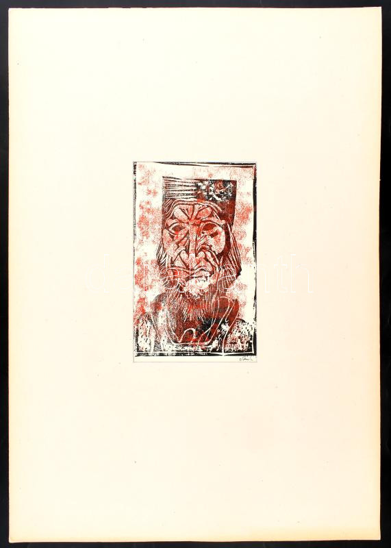 Szász Endre (1926-2003): Férfi fej. Színes linómetszet, papír, jelzett, paszpartuban. Paszpartu hátoldalán Hollóházi Szász Endre porcelán címkével. 18x11 cm - Image 3
