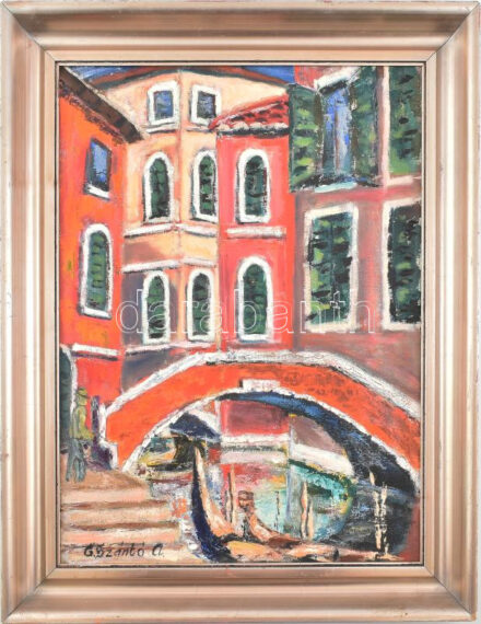 G. Szántó András (?-2002): Velence / Venezia 1981-87 között. (Ponte delle Tette / Csöcsök hídja) Olaj, vászon, fakeretben, jelezve balra lent: G. Szántó A. 60,5x45,5 cm. (A Ponte delle Tette, azaz a ,,Csöcsök hídja' - mely nevet a 15.