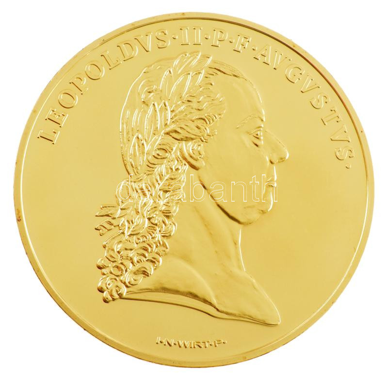 DN 'Magyar Aranyóriások - II. Lipót 15 dukát, Erdély hűségesküje, 1790' aranyozott Cu utánveret tanúsítvánnyal (46mm) T:PP