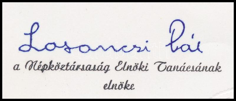 1970 Losonci Pál államfő autográf aláírása kitütetés adományozó lapon