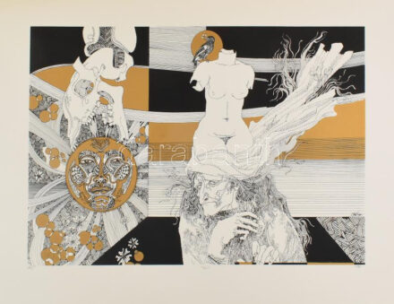 Szász Endre (1926-2003): Tél I. Szitanyomat, papír, jelzett, számozott (19/50). A szitanyomat az eredeti mappa belső papírborítójában, amelyen Szász Endre autográf felirata ('Szita') látható. Lap jobb alsó sarkában a grafikát nem