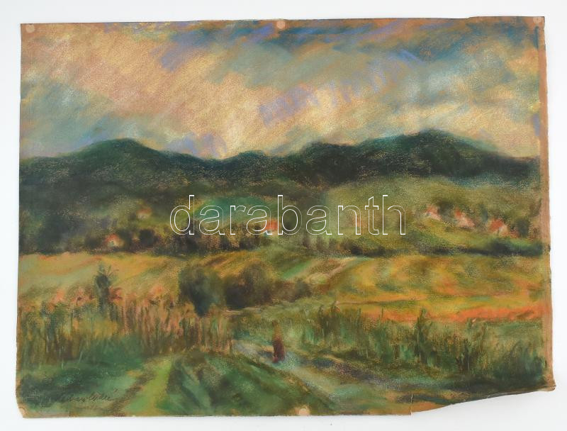 Hubay Miklós (1922-): Velemi táj. Pasztell, papír. Jelezve balra lent. Hátoldalán autográf felirattal. Lapszéli szakadással. 48x63 cm