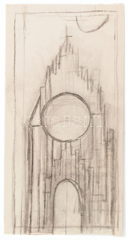 Rác András (1926-2013): Katedrális. Szén, papír, jelzés nélkül. Proveniencia: A művész hagyatéka. 52x26,5 cm