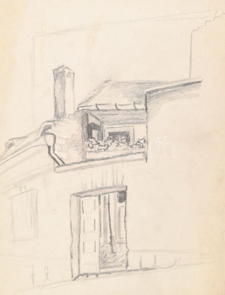 Rác András (1926-2013): Szentendrei részlet. Szén, papír, jelzés nélkül. Proveniencia: A művész hagyatéka. 39x31 cm