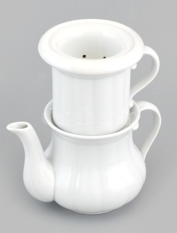 Porcelán kávéfőző és kiöntő szett (3 db-os), jelzés nélkül, hajszálrepedéssel, m: 10 cm
