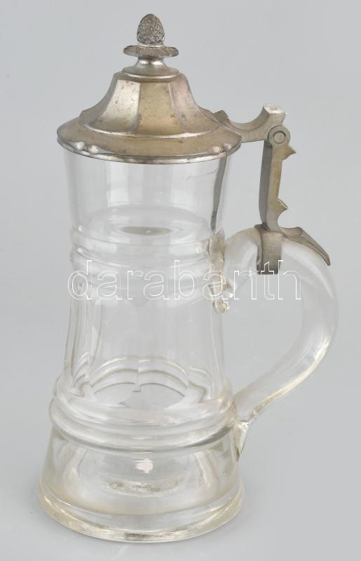 Régi ónfedeles üveg korsó, sérült, m: 24 cm