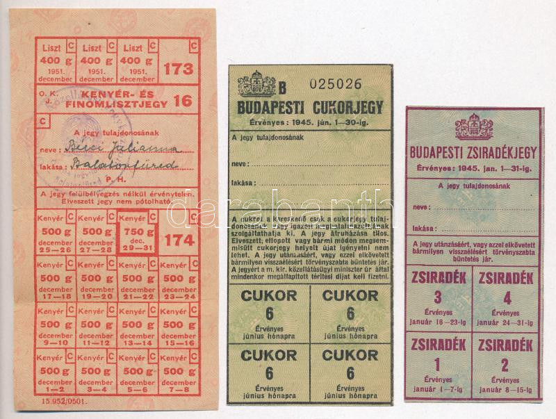 1945. 'Budapesti Cukorjegy' + 'Budapesti Zsiradékjegy' + 1951. 'Balatonfüredi Kenyér-és Finomlisztjegy' bélyegzéssel T:II-III