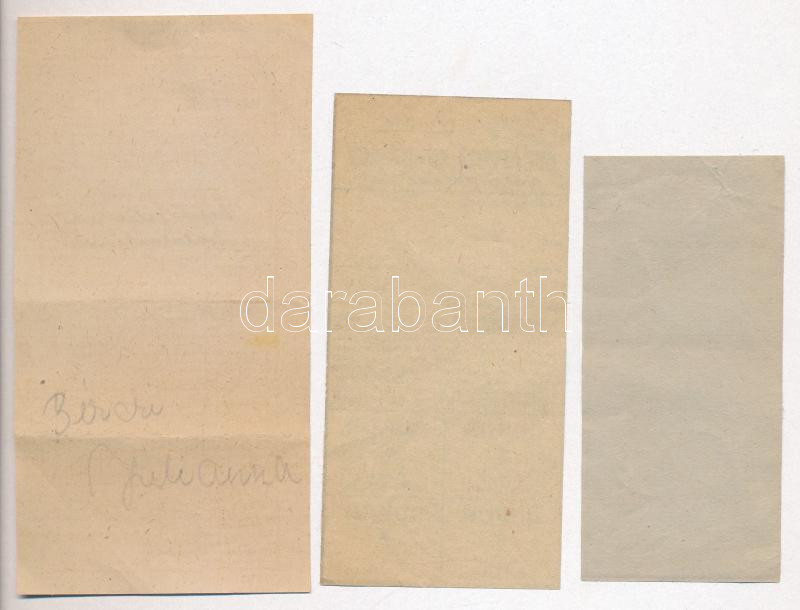 1945. 'Budapesti Cukorjegy' + 'Budapesti Zsiradékjegy' + 1951. 'Balatonfüredi Kenyér-és Finomlisztjegy' bélyegzéssel T:II-III - Image 2