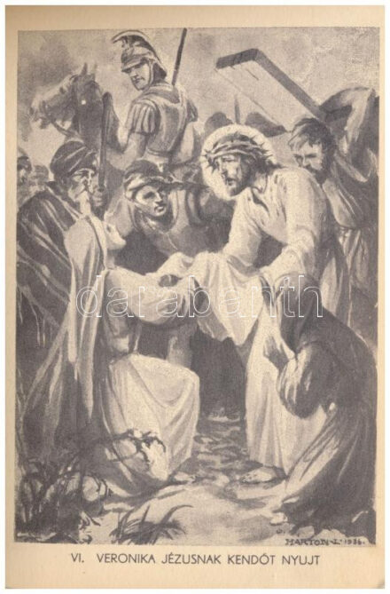 A keresztút - 14 lapos képeslapfüzet Márton L. grafikáival Jézus útjáról a Golgotára / Stations of the Cross - postcard booklet with 14 graphic cards signed by L. Márton, depicting Jesus Christ on the day of his crucifixion