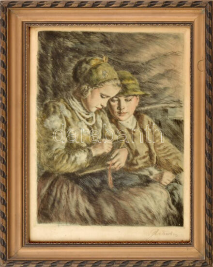 Glatz Oszkár (1872-1958) - Prihoda István (1891-1956): Betűvetés. Színezett rézkarc, papír. Glatz által jelzett. Üvegezett, dekoratív fakeretben. 35x26 cm.