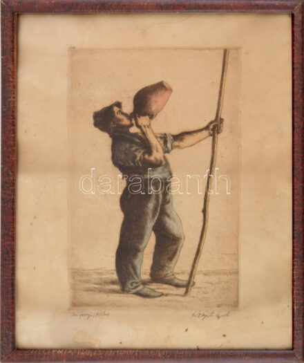 Komjáti-Wanyerka Gyula (1894-1958): Ivó faragó. Színezett rézkarc, papír, jelzett. Foltos, hullámos. Üvegezett fakeretben, 37×24 cm