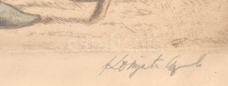 Komjáti-Wanyerka Gyula (1894-1958): Ivó faragó. Színezett rézkarc, papír, jelzett. Foltos, hullámos. Üvegezett fakeretben, 37×24 cm - Image 2