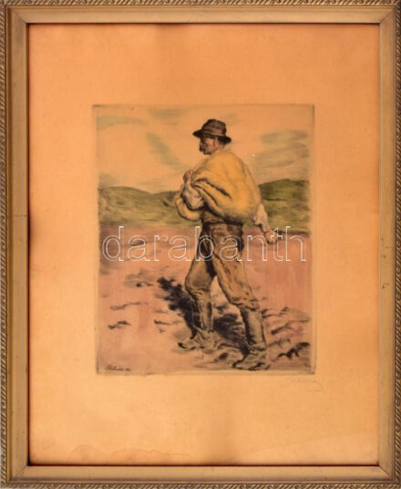 Glatz Oszkár(1872-1958)-Prihoda István (1891-1956): Vető paraszt. Színezett rézkarc, papír, jelzett (Glatz). Lap széle foltos. Üvegezett, dekoratív fakeretben, 29×22 cm