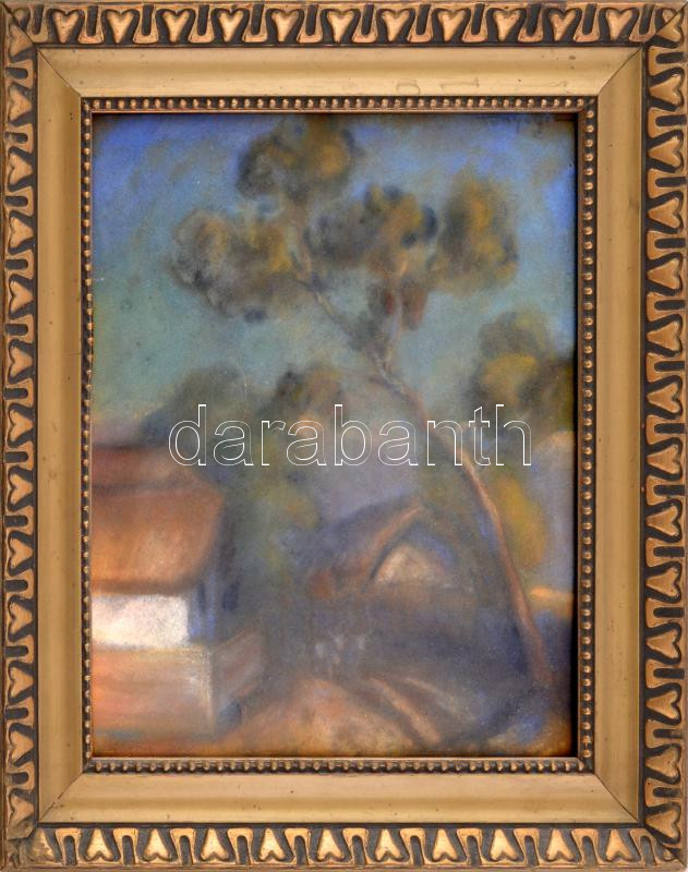 Tunyogi Szűcs Sándor (1890-1974): Tiszadadai falusi ház. Pasztell, papír, jelezve jobbra fent: Tunyogi, üvegezett fakeretben. 26x22 cm