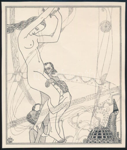 Kozma Lajos (1884-1948): Örvényben. Cinkográfia, papír, jelzett a cinkográfián, körbevágott, 19,5×16,5 cm