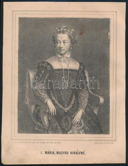 1853 Rohn Alajos (?-?): I. Mária magyar királyné, litográfia, papír, Pest, Frank J. M., foltos, egészen kis szakadással, 19x16 cm