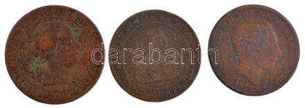 Spanyolország 1868OM 5c bronz 'II. Izabella' + 1870. 10c bronz + 1877. 10c bronz 'XII. Alfonz' T:3 ü. Spain 1868OM 5 Centimos Cu 'Isabella II' + 1870. 10 Centimos bronze + 1877. 10 Centimos bronze 'Alfonso XII' C:F ding Krause KM#635, 663, 675