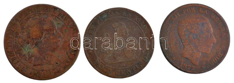 Spanyolország 1868OM 5c bronz 'II. Izabella' + 1870. 10c bronz + 1877. 10c bronz 'XII. Alfonz' T:3 ü. Spain 1868OM 5 Centimos Cu 'Isabella II' + 1870. 10 Centimos bronze + 1877. 10 Centimos bronze 'Alfonso XII' C:F ding Krause KM#635, 663, 675