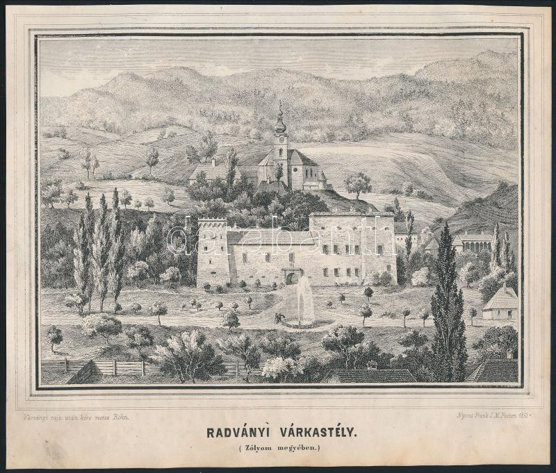 cca 1853 Varsányi János (?-?) - Rohn Alajos (?-?): Radványi várkastély, (Zólyom megyében, Radvan, Zólyomradvány), litográfia, Pest, Frank J. M., körbevágott, kissé foltos, 15x20 cm
