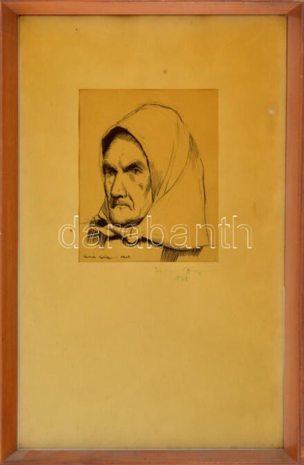 Kollár György (1950-1992): Fejkendős asszony arcképe, 1968. Tus, papír. Üvegezett fakeretben, kissé repedt üveggel. 16,5×15 cm