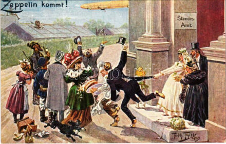 Zeppelin kommt! Vierfarbendruck-Clichés von Adolf Klauss & Co. F. Eyfriedt Serie 388. s: Arthur Thiele