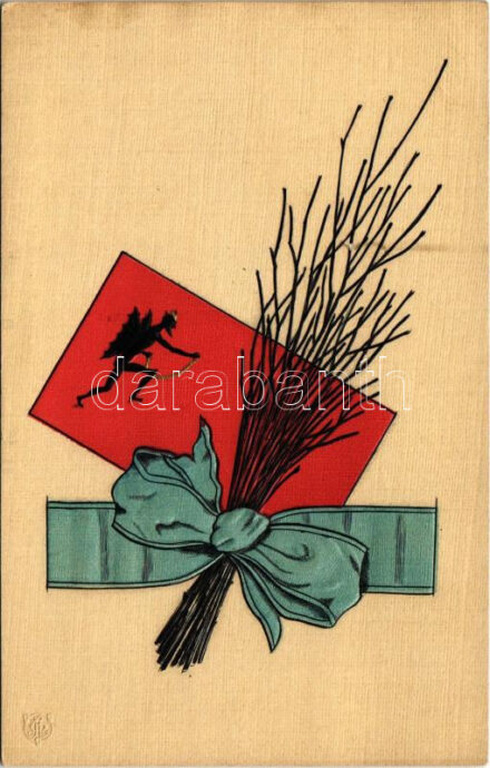 Krampusz virgáccsal - Dombornyomott litho / Krampus with birch - embossed litho