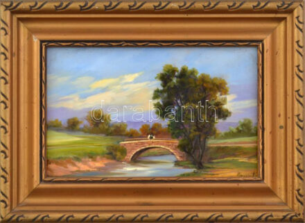 Klement Zoltán (1967-): Hídon. Olaj, farost, jelzett. Dekoratív fakeretben. 13x20 cm