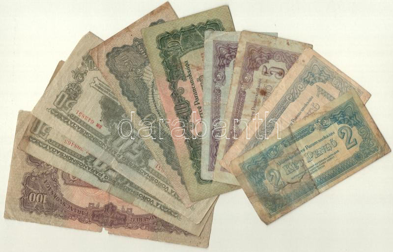1944. 1P-100P 'Vöröshadsereg Parancsnoksága' (9db, 7xklf), közte 50P látványosan félrecsúszott nyomat T:III-IV