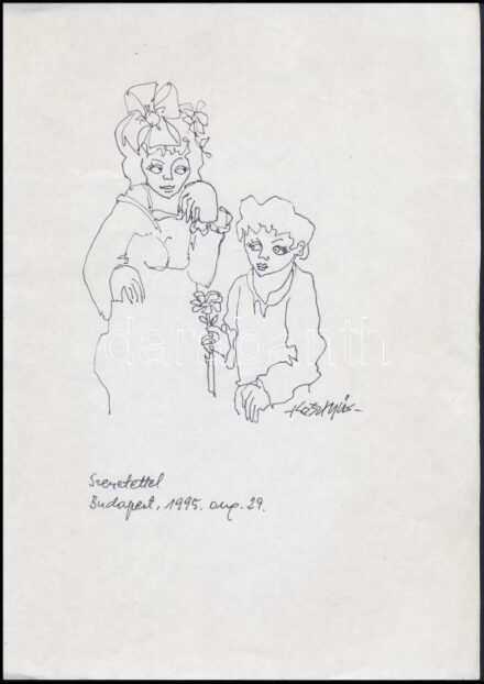 Kesztyűs Ferenc (1932-): Virágot a virágnak, 1995. Tus, papír, jelzett. Autográf ajánlási sorokkal. 29,5×21 cm