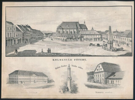 cca 1853 Sikó Miklós (1818-1900) - Rohn Alajos (?-?) : Kolozsvár főtere, Katonai laktanya. Bölöni Farkas Sándor sírköve. Nemzeti színház, litográfia, Pest, Frank J. M., körbevágott, kis kopásnyomokkal, 17,5x25 cm