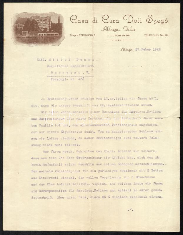 1928 Abbázia, 'Casa di Cura Dott. Szegő' fejléces levélpapírjára írt levél