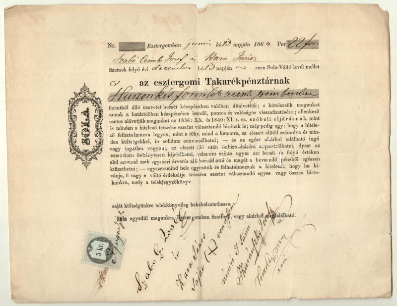 Esztergom 1864. 'Esztergomi Takarékpénztár' kitöltött váltó 22Ft-ról, okmánybélyeggel T:III kis szakadás