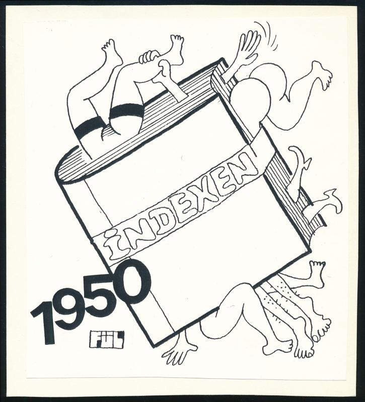 Fülöp György (1923-): 1950 - indexen (erotikus karikatúra). Tus, papír, jelzett, kartonra kasírozva. 16x14,5 cm.