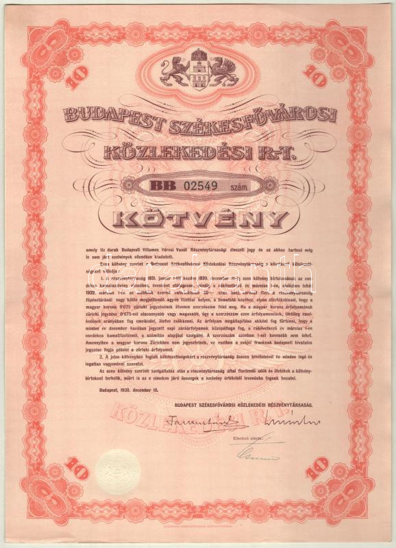 Budapest 1930. 'Budapest Székesfővárosi Közlekedési R.-T.' kötvénye 10db élvezeti jegyről, szárazpecséttel, bélyegzéssel, vízjeles papíron T:I-