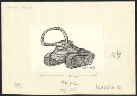 Dallos Jenő (1940-2021): Öngól (1956). Tus, papír, jelzett, kartonra kasírozva. Az Igazság c. lapban megjelent karikatúra. 10,5x16,5 cm.