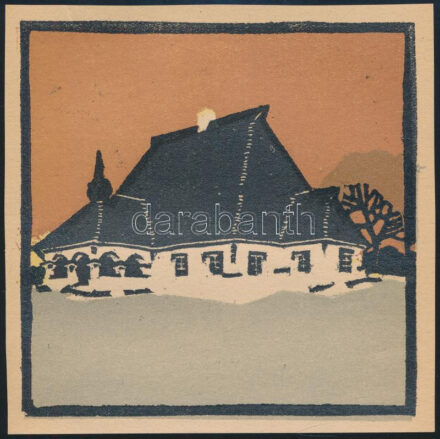 Kós Károly (1883-1977): Székely nemesi kúria. Linómetszet, papír, jelzés nélkül, körbevágott, 11x11 cm