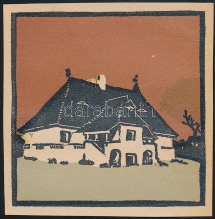 Kós Károly (1883-1977): Kalotaszegi magyar nemesi kúria. Linómetszet, papír, jelzés nélkül, körbevágott, 11x11 cm