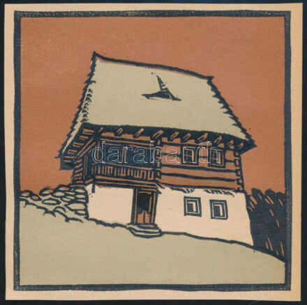 Kós Károly (1883-1977): Havasi móc-ház. Linómetszet, papír, jelzés nélkül, körbevágott, 11x11 cm