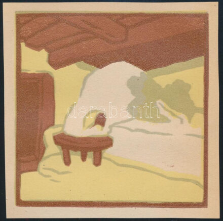 Kós Károly (1883-1977): Régi kalotaszegi jobbágyház pitvara sütőkemencével. Linómetszet, papír, jelzés nélkül, körbevágott, 10x10 cm