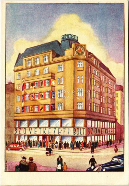1938 Budapest VII. Szövetkezeti Bolt székháza a Rókus kórházzal szemben, reklámlap. Rákóczi út 38. s: Kanizsai + '1938 Pannonhalmáról Alapító Szentkirályának' So. Stpl