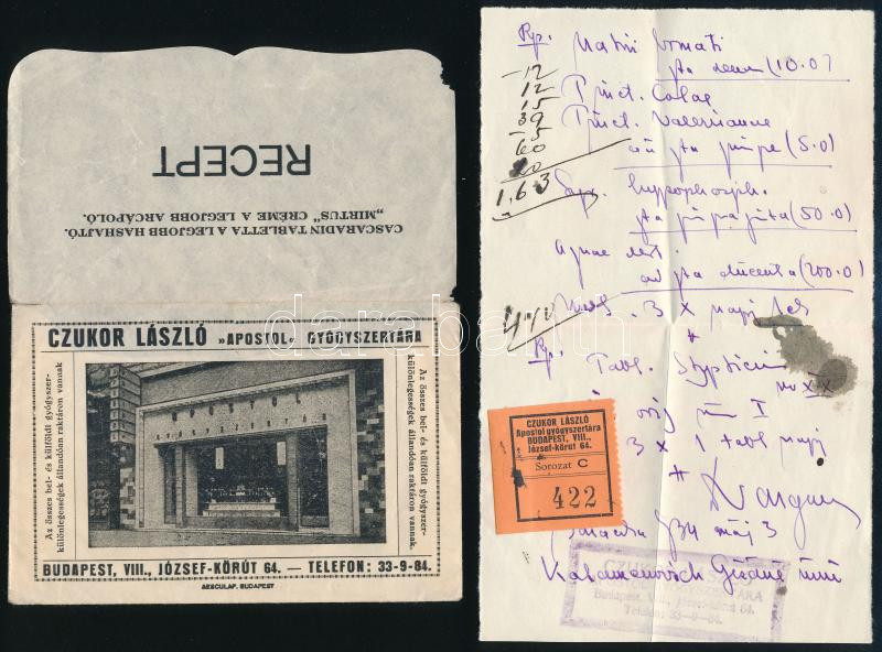 Czukor László 'Apostol' Gyógyszertára Budapest VIII. József körút receptboríték, recepttel