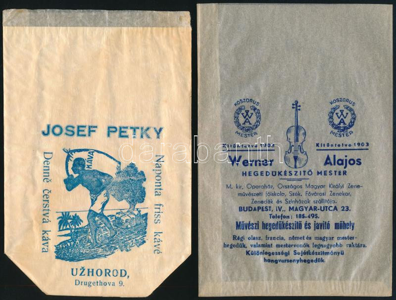 4 db kávés, cukorkás és egyéb papírzacskó (Petky József Ungvár, Werner Alajos hegedűkészítő, Apetit Élelmiszerüzem) - Image 2