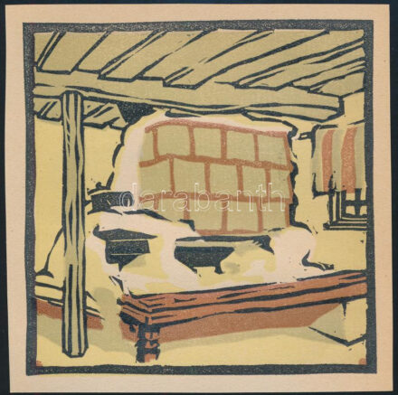 Kós Károly (1883-1977): Kalotaszegi cserepes. Linómetszet, papír, jelzés nélkül, körbevágott, 10x10 cm