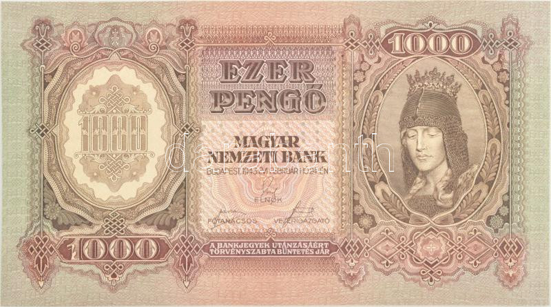 1943. 1000P előoldala teljes nyomat, hátoldala fázisnyomat, 'MINTA' perforációval, 'F 005 018123' T:I- Hungary 1943. 1000 Pengő frontside is normal print, backside only phase print, with 'MINTA (specimen)' perforation, 'F 005 018123'