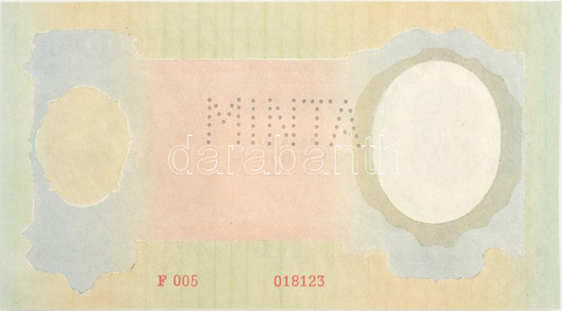 1943. 1000P előoldala teljes nyomat, hátoldala fázisnyomat, 'MINTA' perforációval, 'F 005 018123' T:I- Hungary 1943. 1000 Pengő frontside is normal print, backside only phase print, with 'MINTA (specimen)' perforation, 'F 005 018123' - Image 2