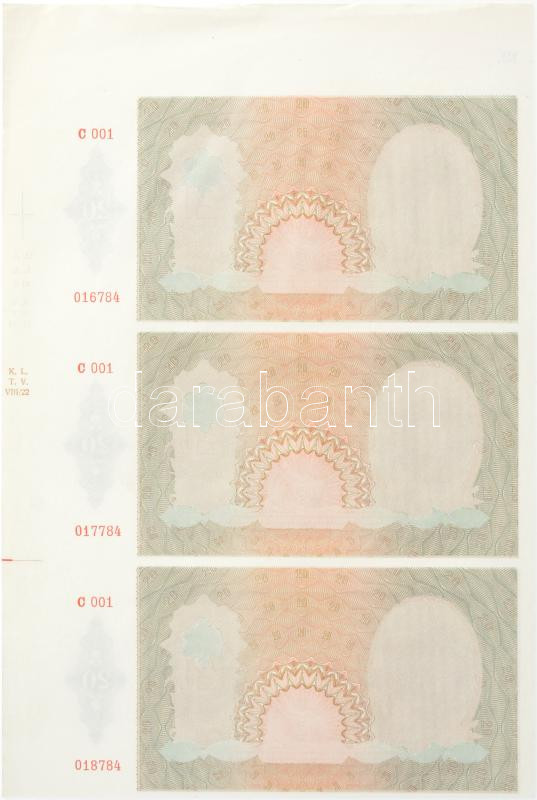 1941. 20P előlapi fázisnyomat, normál hátlapi nyomat, 3db-os ívben, ezres helyiértékben eltérő sorszámokkal: 'C 001 016784, C 001 017784, C 001 018784' T:I- Hungary 1941. 20 Pengő frontside only phase print, backside normal print, in a