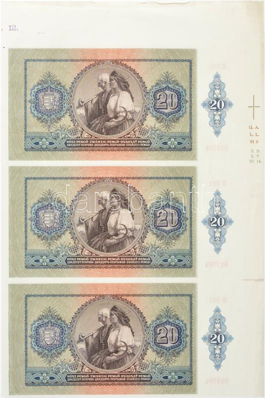 1941. 20P előlapi fázisnyomat, normál hátlapi nyomat, 3db-os ívben, ezres helyiértékben eltérő sorszámokkal: 'C 001 016784, C 001 017784, C 001 018784' T:I- Hungary 1941. 20 Pengő frontside only phase print, backside normal print, in a - Image 2