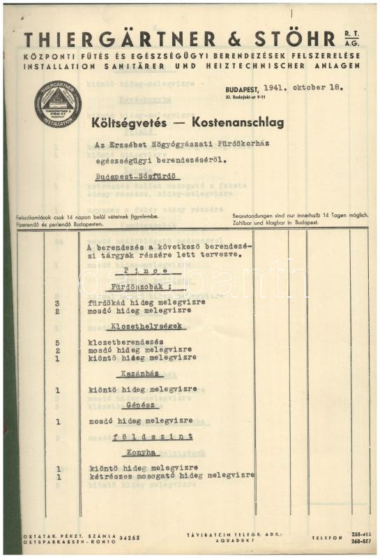 1941 Bp., Thiergärtner & Stöhr Központi Fűtés és Egészségügyi Berendezések felszerelése költségvetés - Image 2